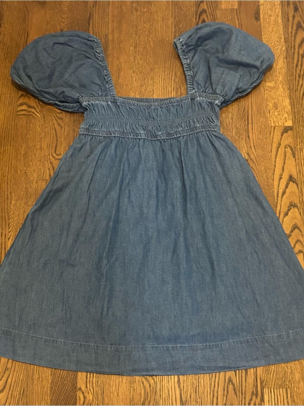 Smocked Square-Neck Mini Dress in denim with puff sleeves and pockets - Picture 5 of 12